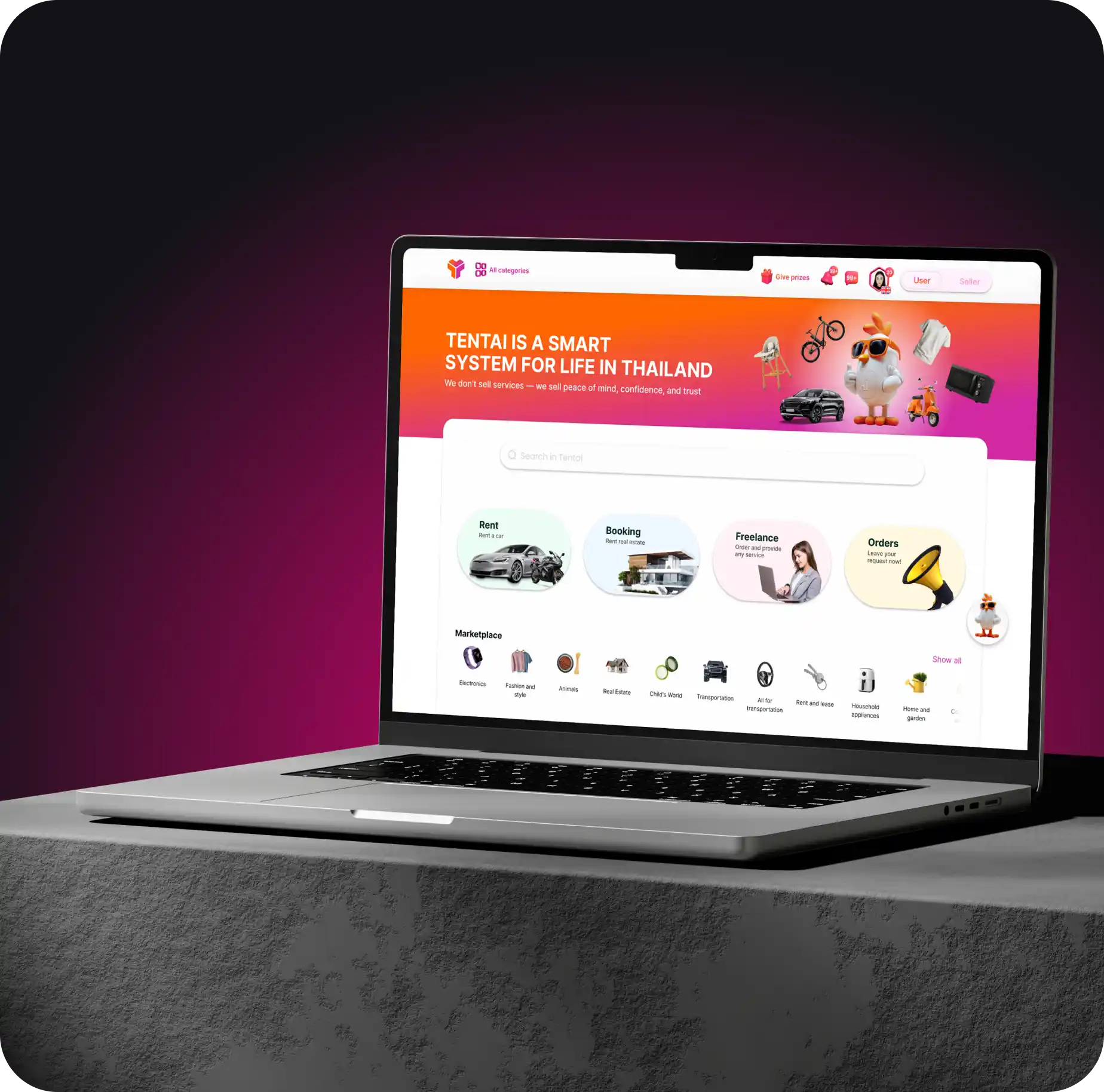 Tentai platform displayed on a laptop — categories, search, and marketplace overview