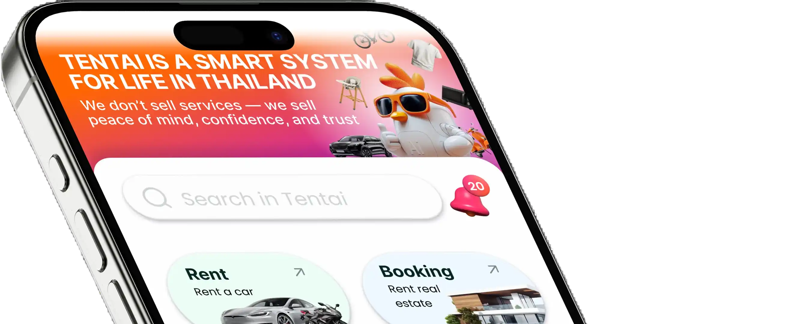 Tentai app showing categories: Rent, Booking, Freelance, and the AI chicken mascot